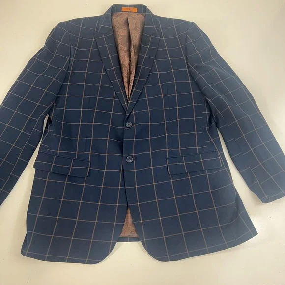 Steven‎ Land Suit 3 Piece 44L 36x30 Blue Henry Windowpane Plaid Dressy